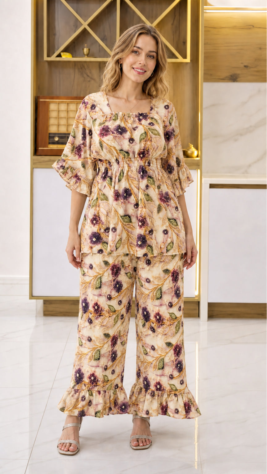 Front view of woman wearing Cream beige floral 2-piece matching set