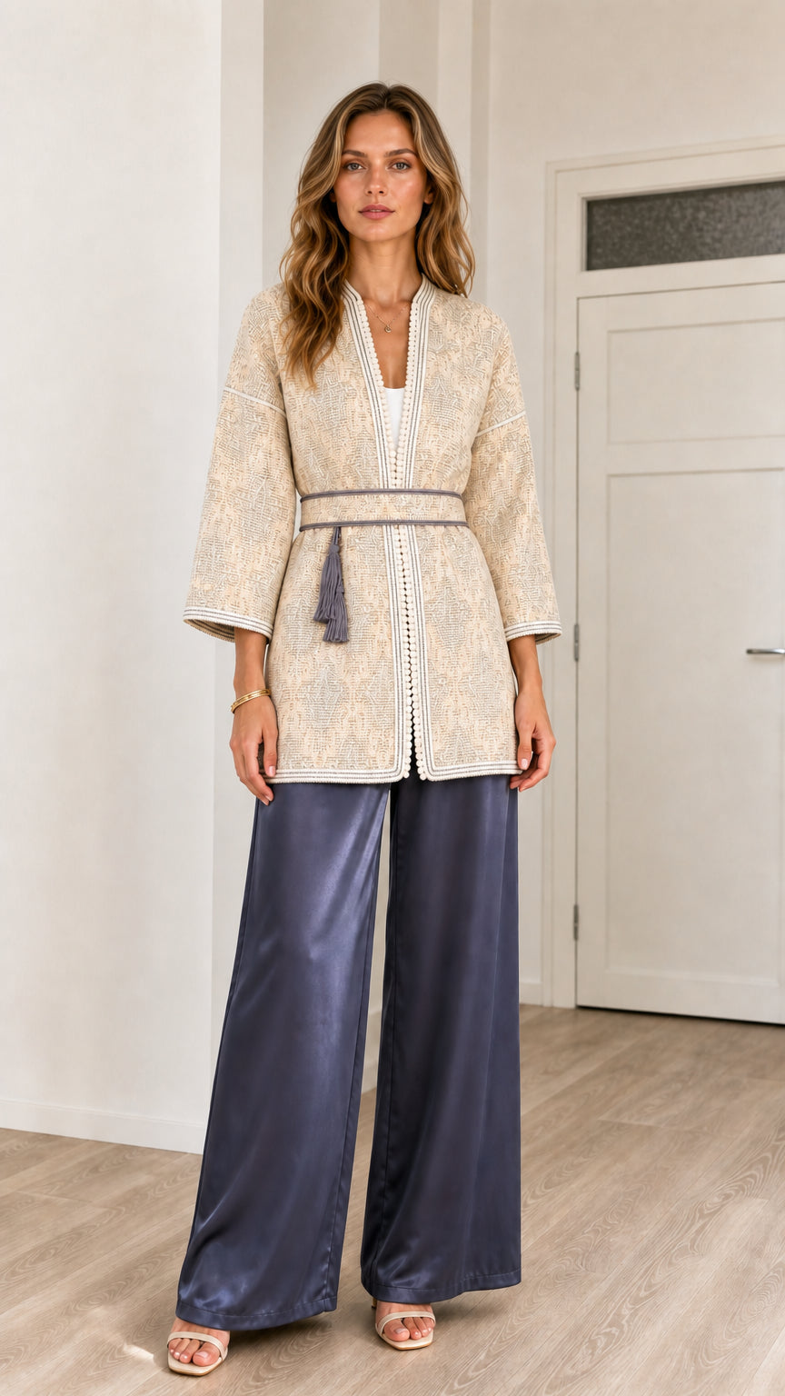 Front view of model wearing Cream champagne jacquard belted kimono cardigan with contrast border