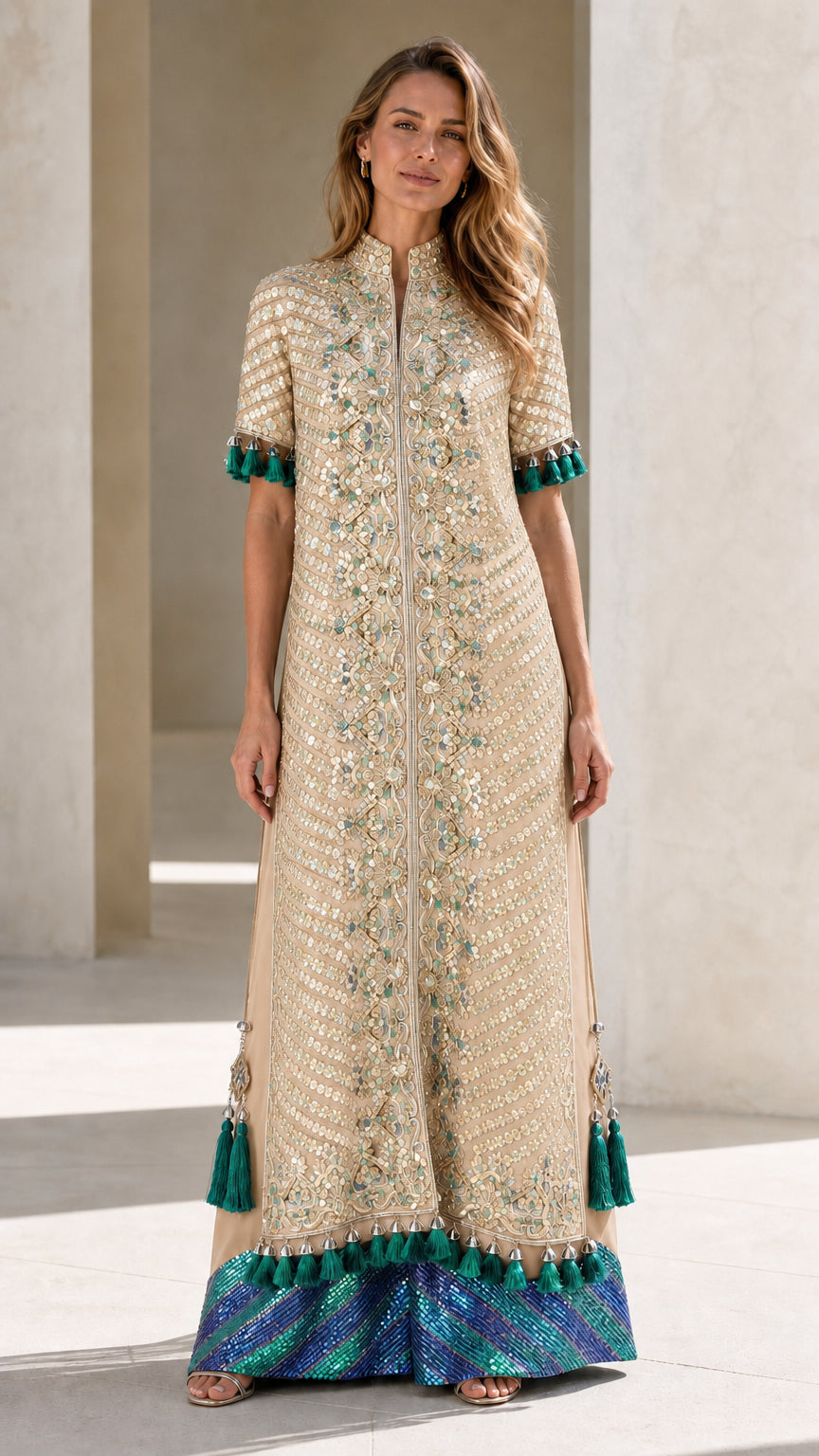 Champagne gold embellished evening maxi dress front view