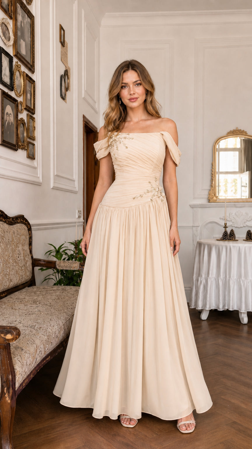 Champagne beige off-the-shoulder beaded chiffon evening dress