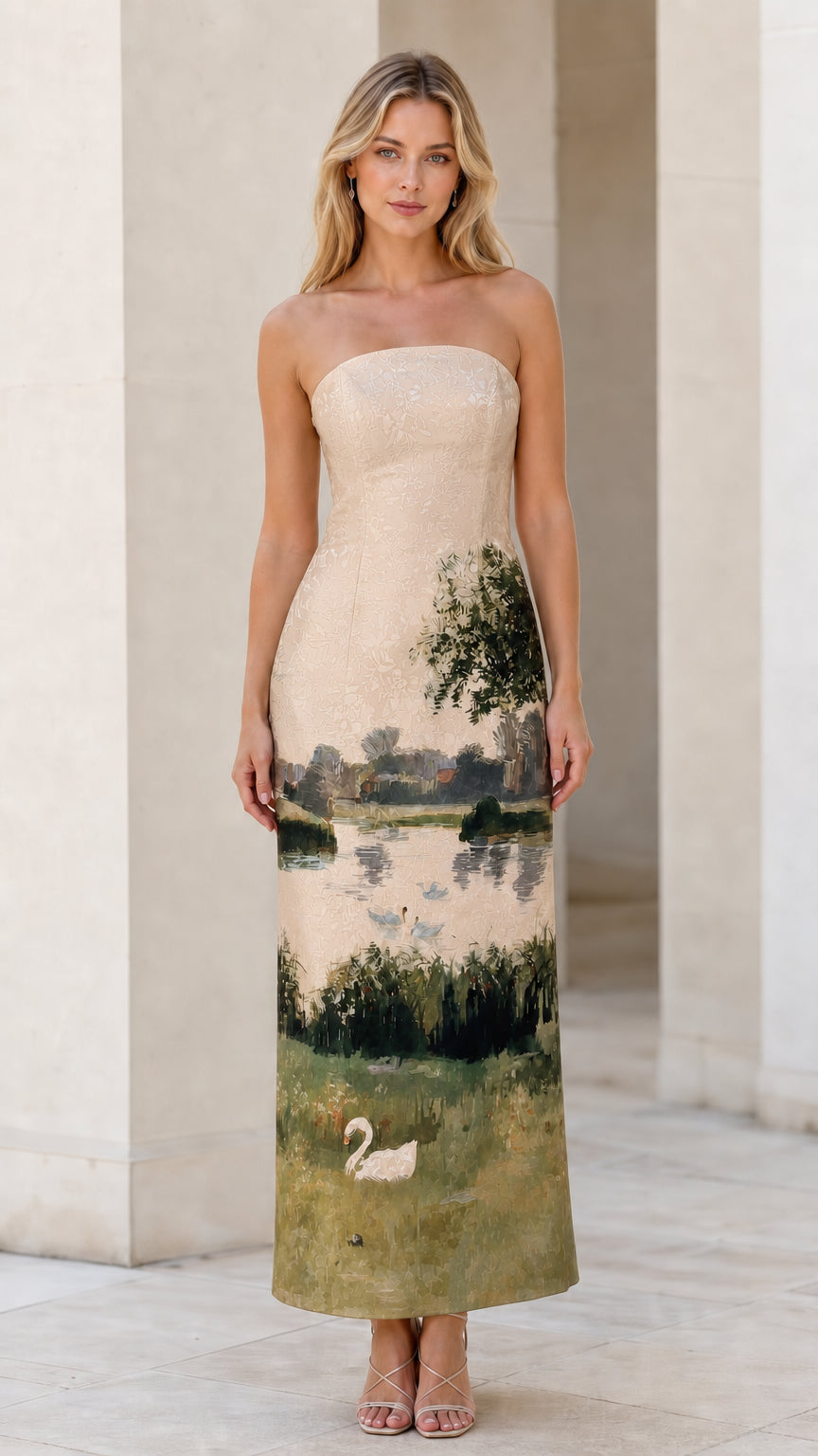 Model wearing champagne landscape strapless maxi dress