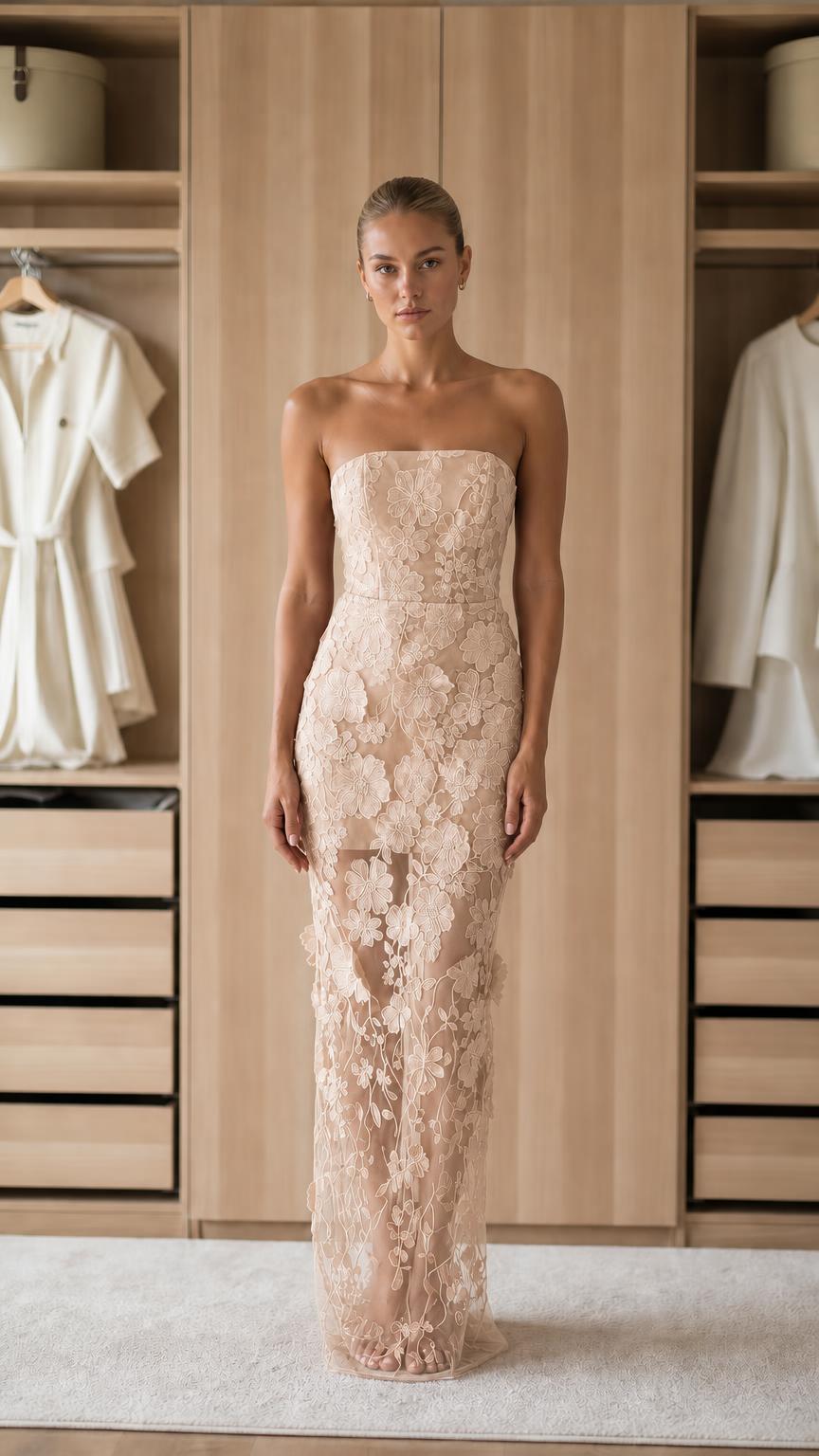 Front view of champagne strapless floral applique maxi dress