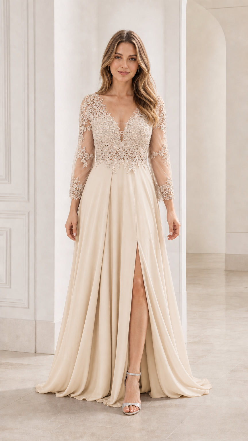 Full front view of the champagne evening gown
