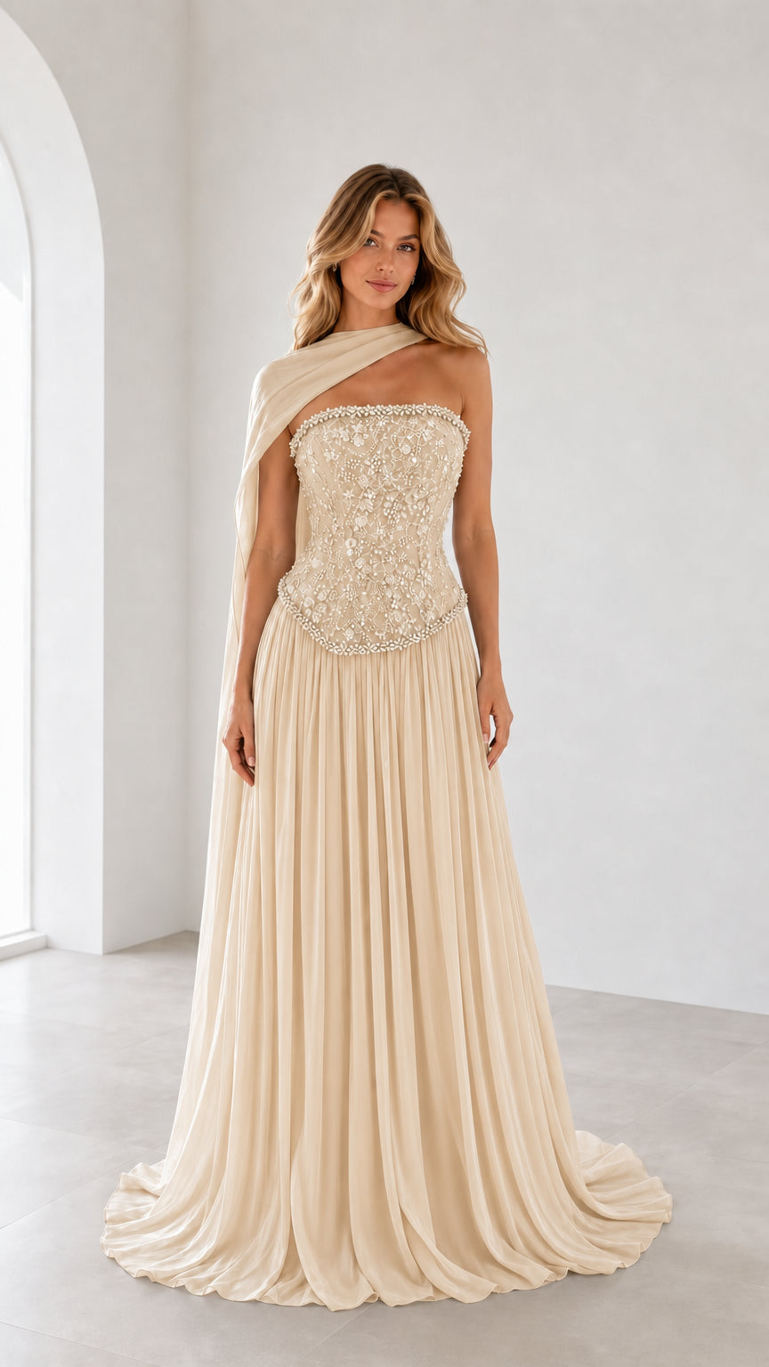 Full front view of champagne one-shoulder beaded corset evening gown