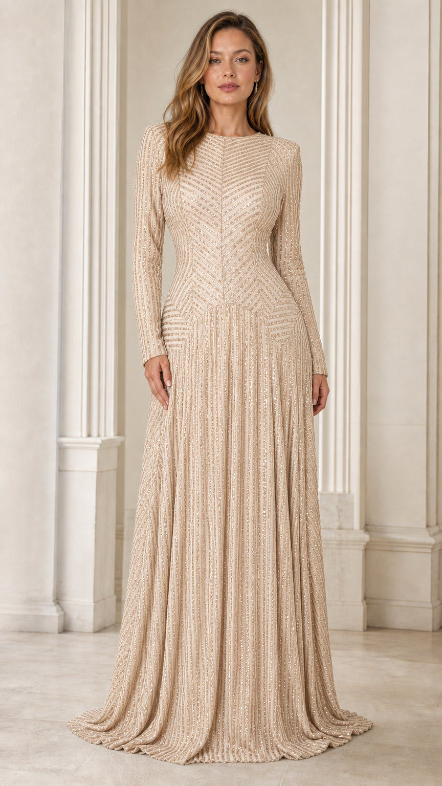 Front view of model wearing Champagne long-sleeve sequin A-line evening dress