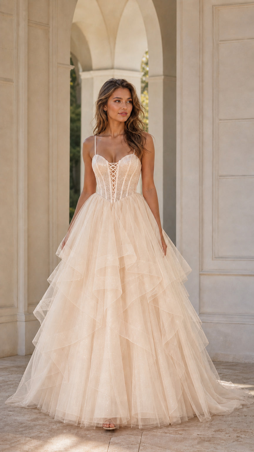 Champagne glitter tulle corset ball gown