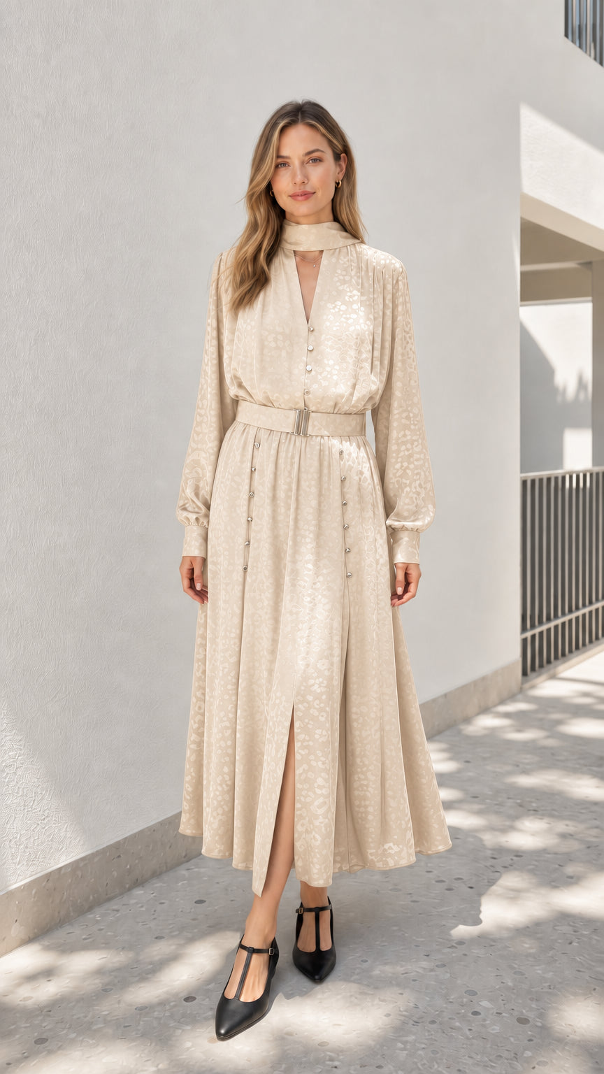 Model wearing champagne mock neck midi dress