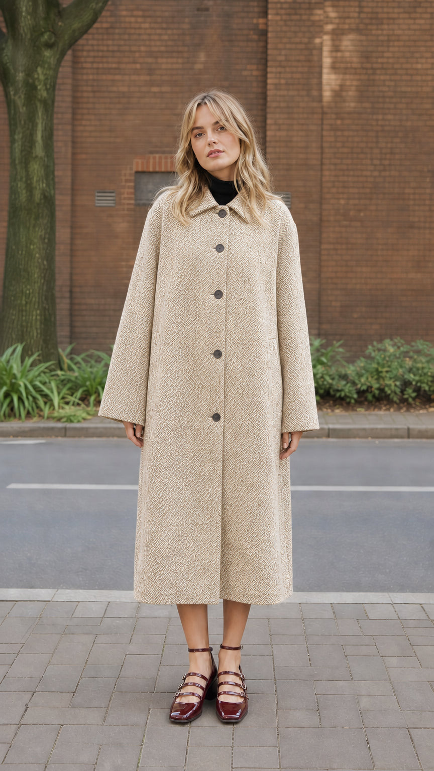 Women's Oatmeal beige long textured overcoat full view