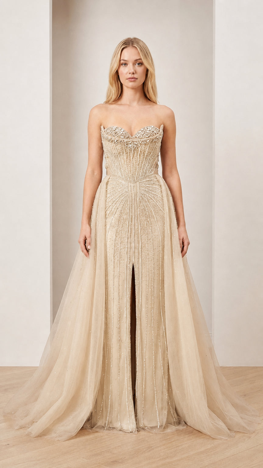 Front view of Champagne embellished strapless ball gown
