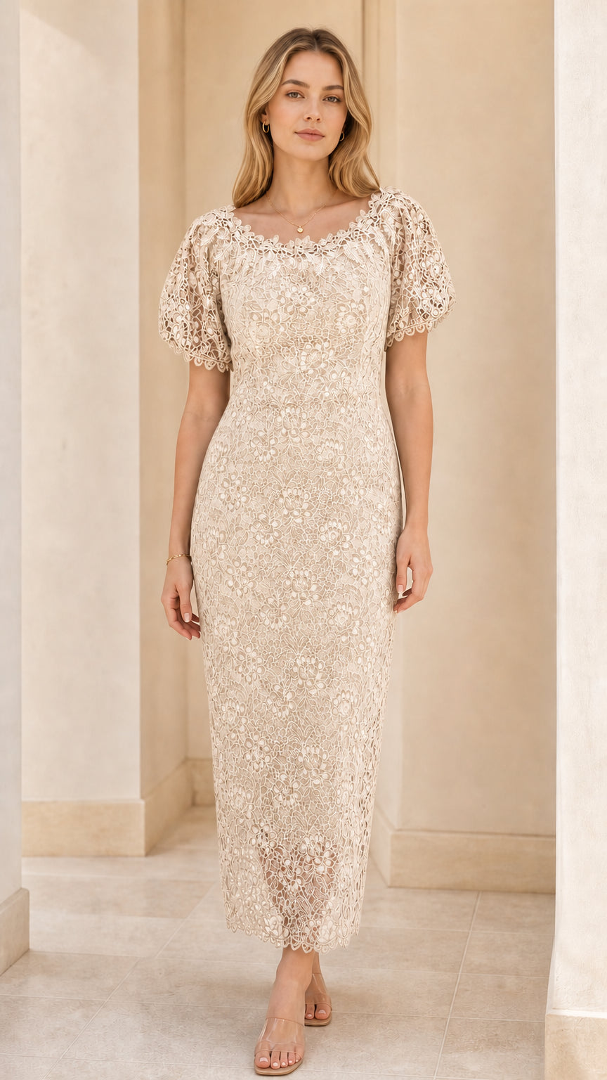 Front view of woman wearing champagne lace puff sleeve midi dress