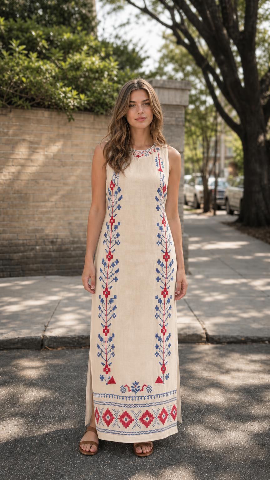 Front view of woman wearing beige embroidered maxi dress