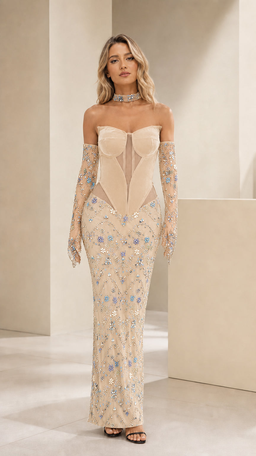 Champagne strapless sequin evening gown with matching gloves