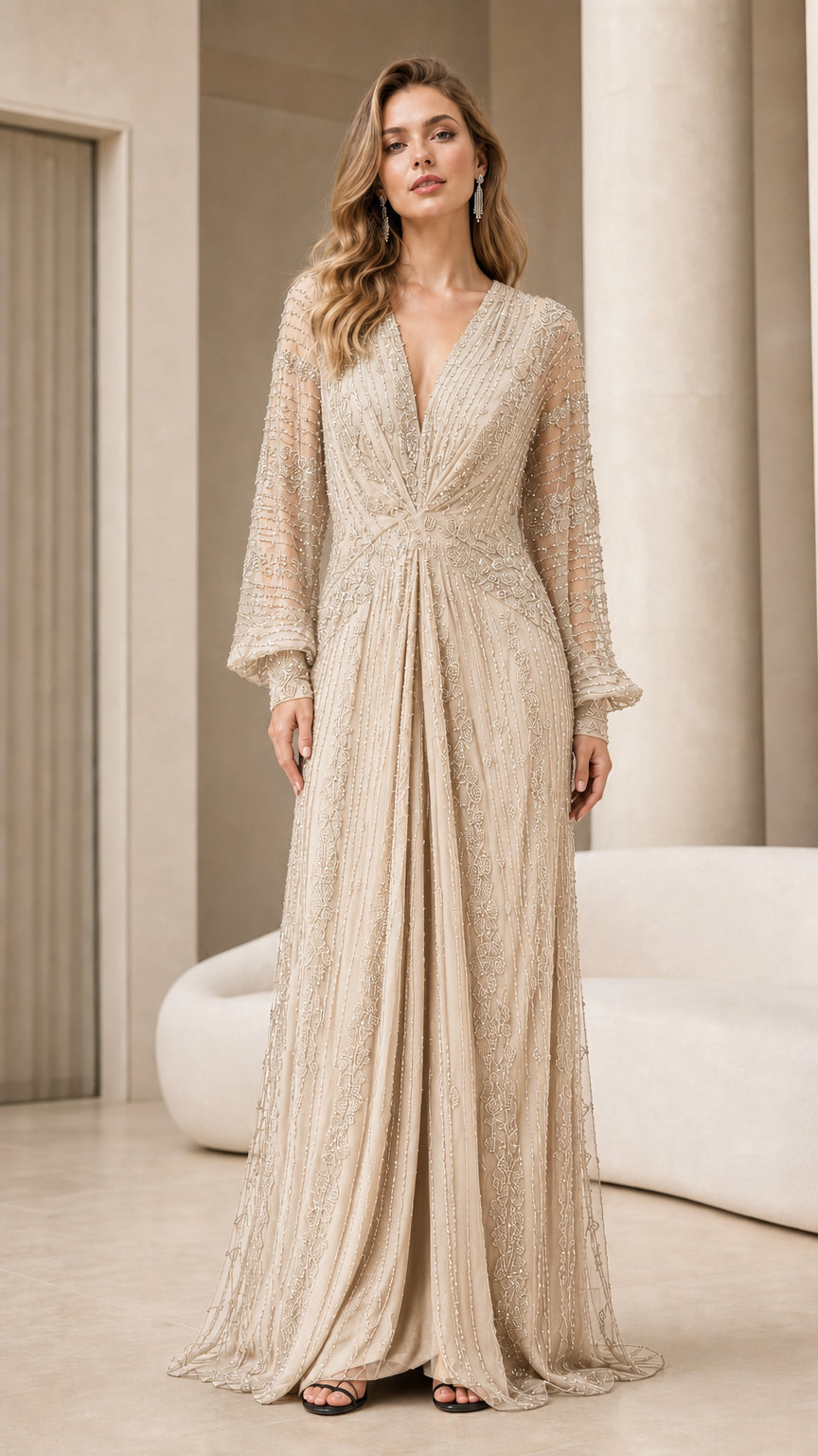 Front view of champagne beige shimmering sequin long sleeve evening gown