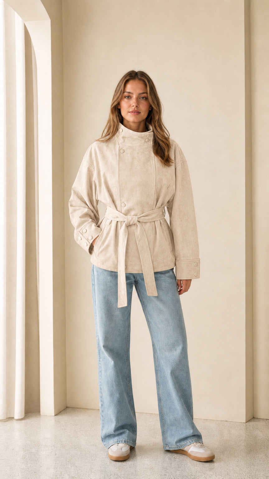 Woman wearing cream faux suede belted jacket