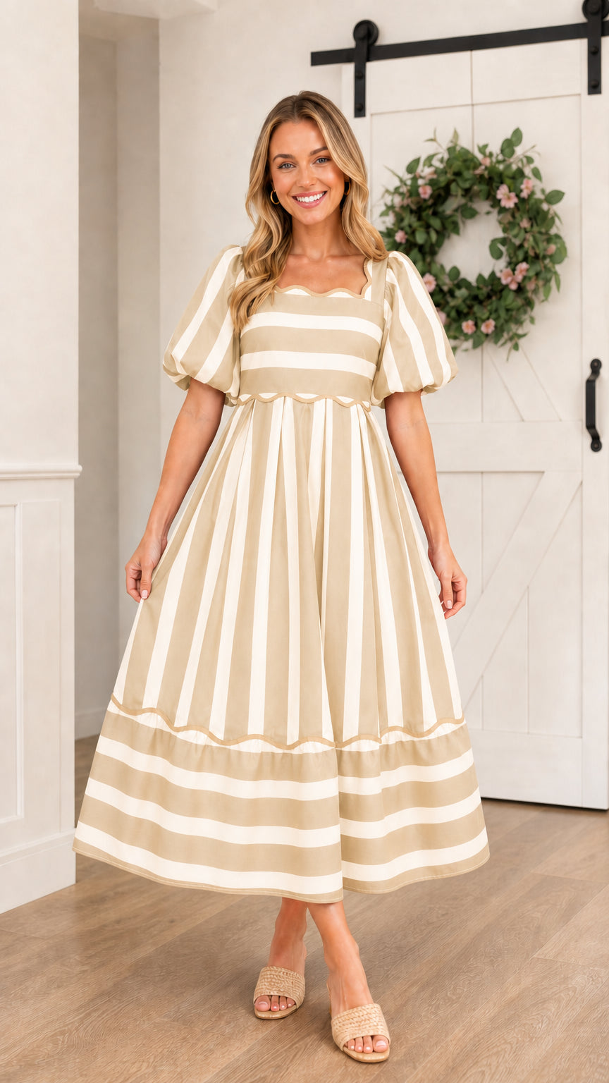 Model wearing khaki striped midi dress variant