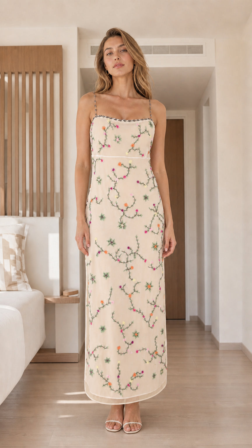 Front view of champagne floral embroidered maxi dress