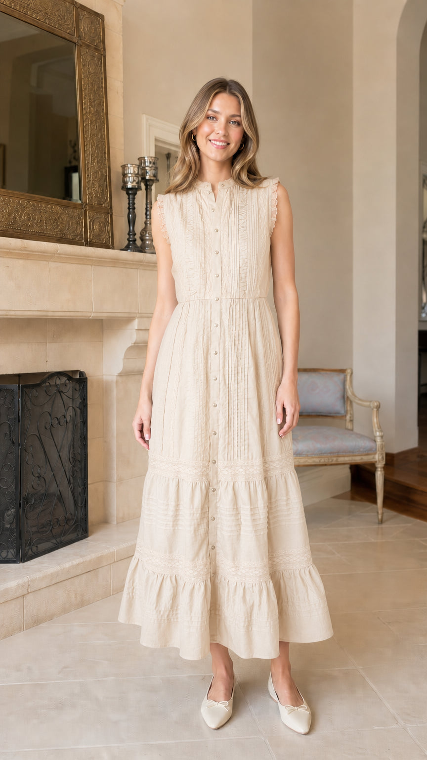 Front view of beige sleeveless tiered midi dress