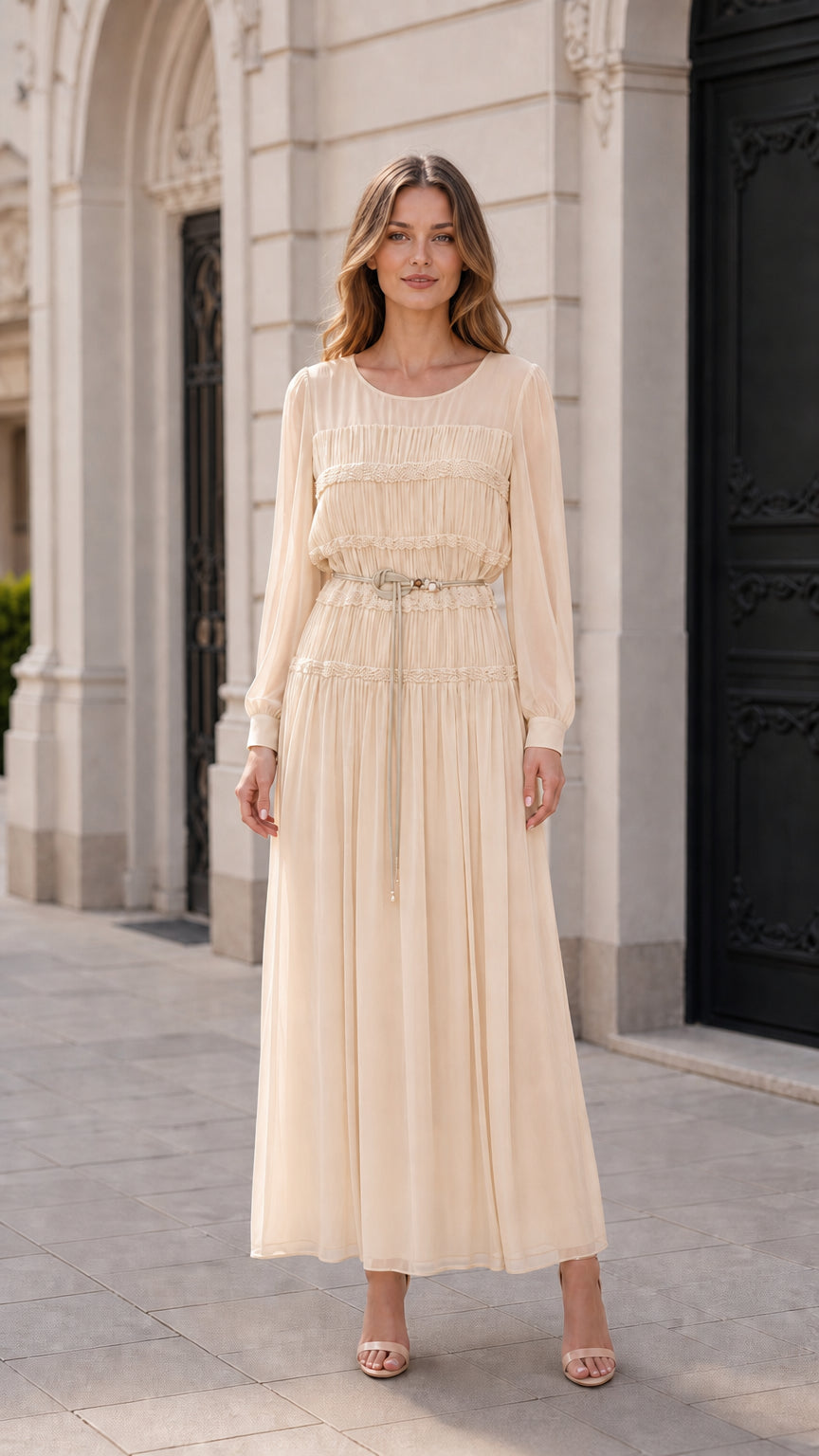 Front view of model wearing champagne pleated long-sleeve maxi dress
