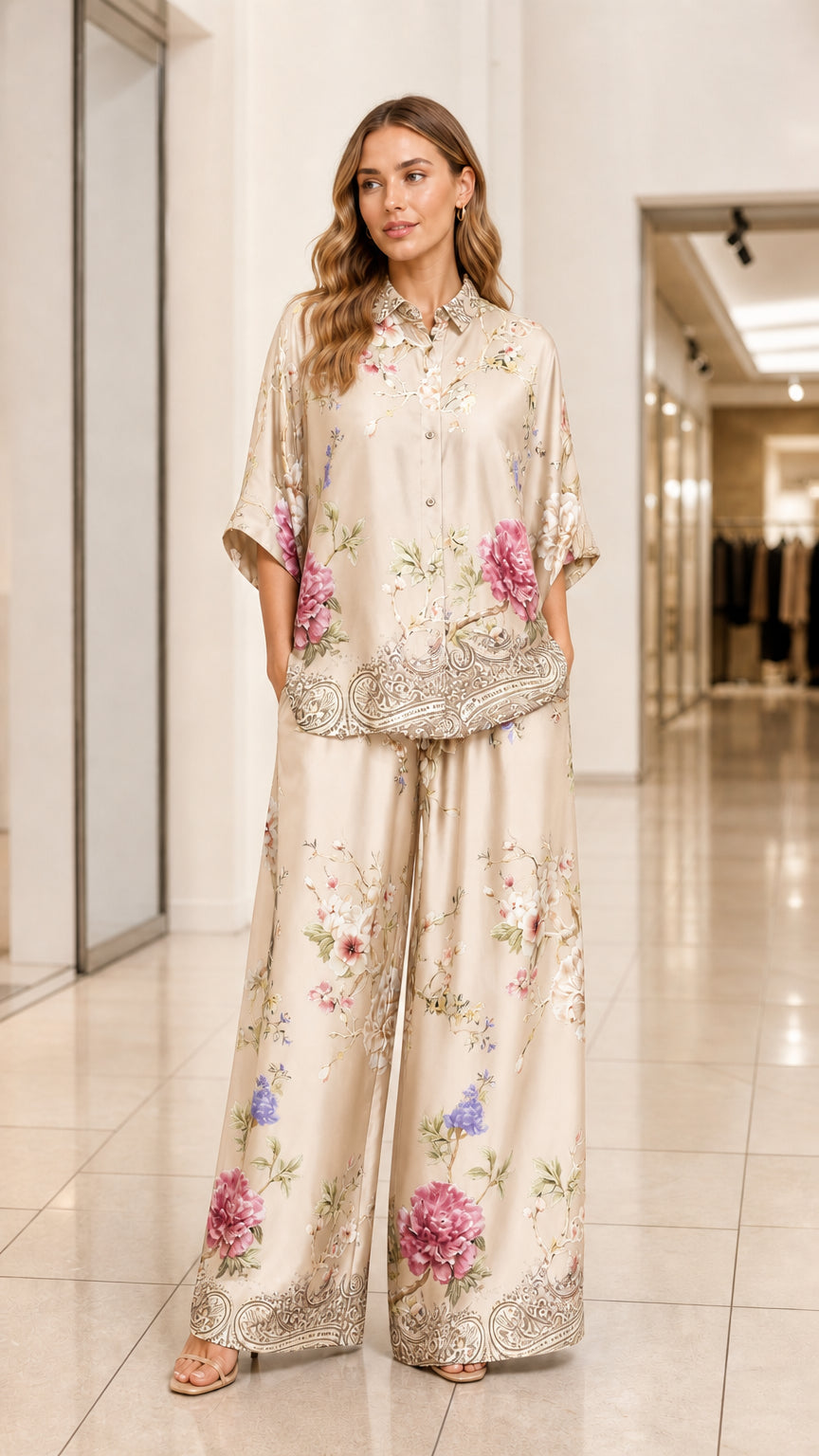 Model wearing champagne beige floral print satin two-piece shirt and pants set