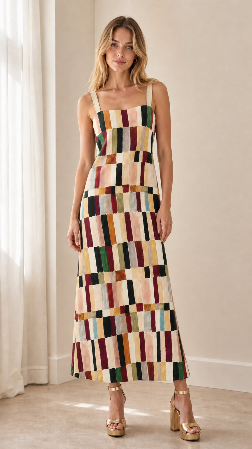 Front view of woman wearing Cream Multi geometric square neck sleeveless maxi dress
