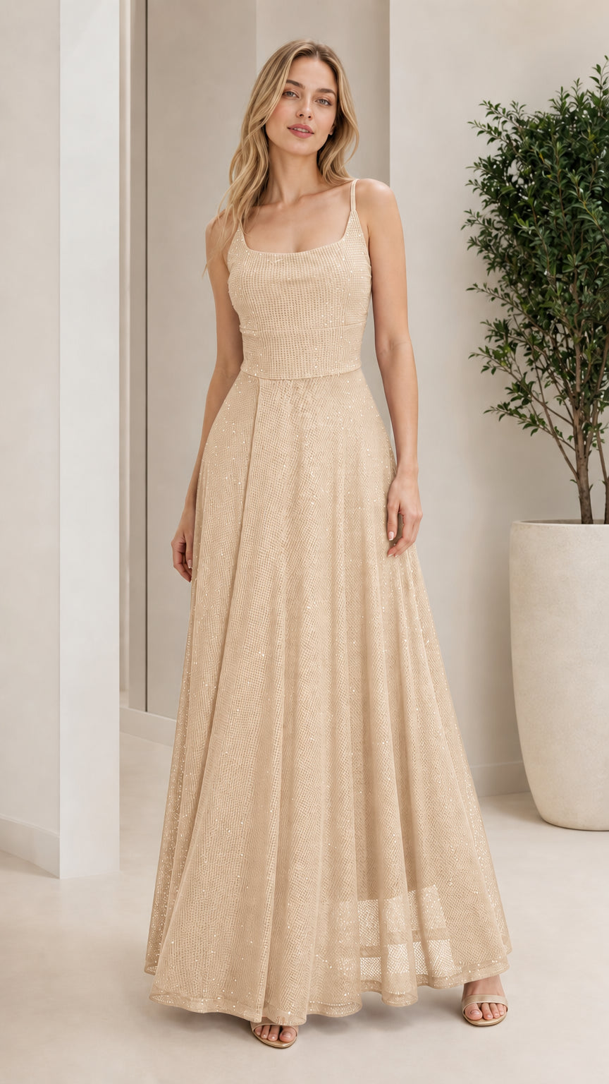 Model wearing champagne sparkle formal evening dress