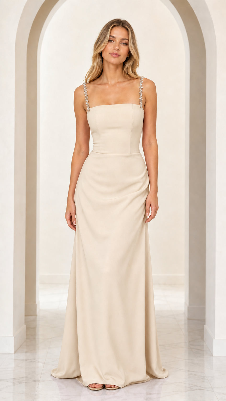 Champagne cream formal maxi gown with sparkling rhinestone straps