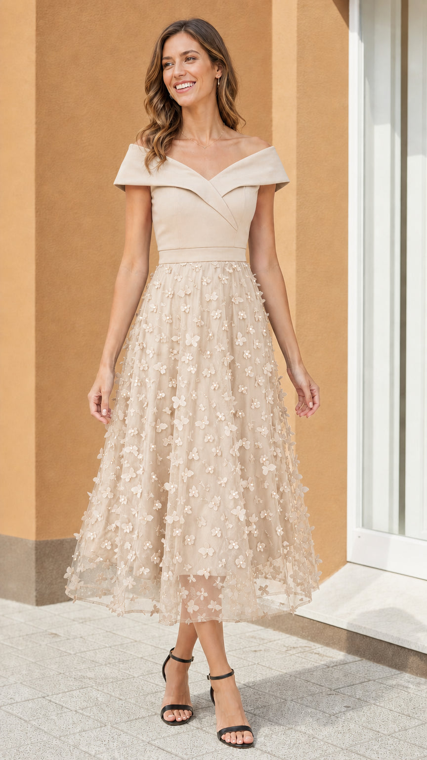 Model wearing Champagne off-shoulder floral midi dress