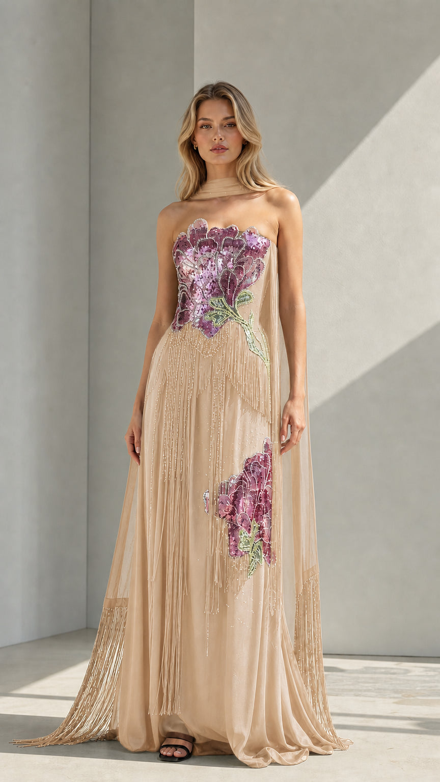 Front view of champagne evening gown