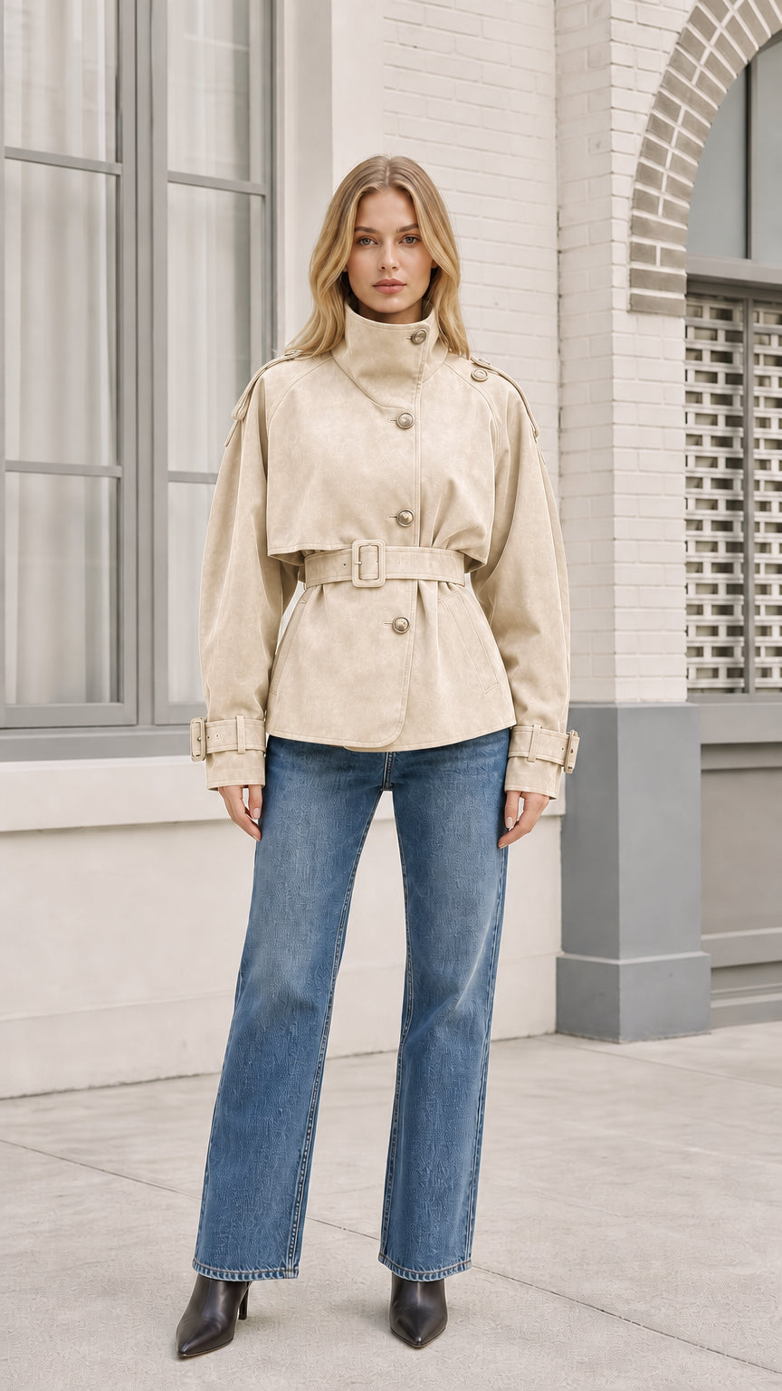 Front view of beige faux suede trench jacket