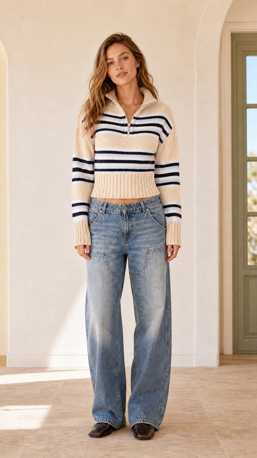 Full front view of cream off-white striped half-zip cropped knit sweater