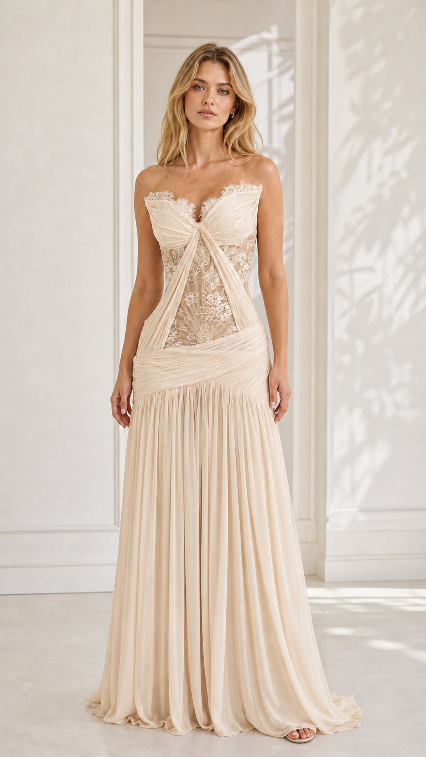 Model wearing champagne strapless lace evening dress