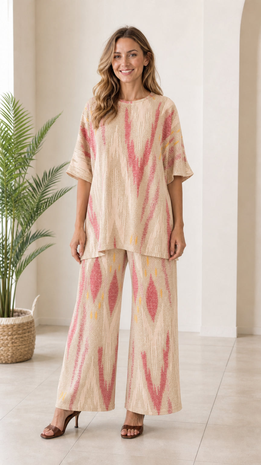 Woman wearing beige and blush ikat print matching two piece pant set