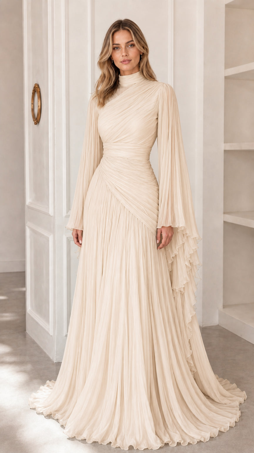 Model wearing champagne ivory pleated high neck evening gown