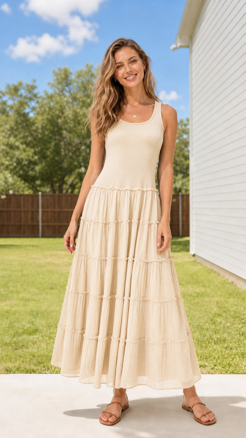 Full body view of woman wearing Cream beige scoop neck tiered maxi dress