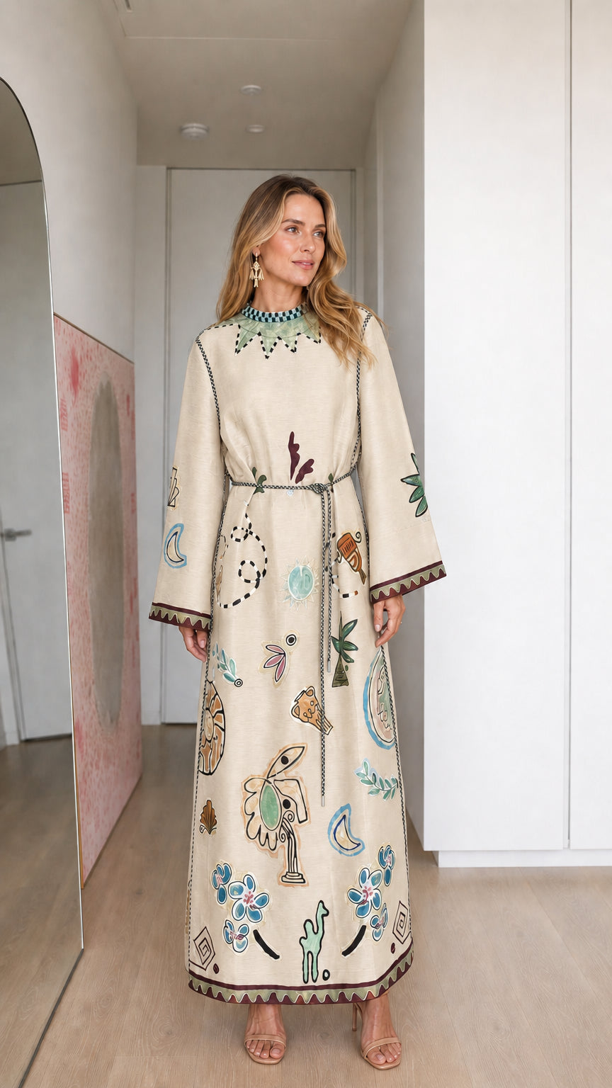 Model wearing beige boho printed long sleeve maxi dress