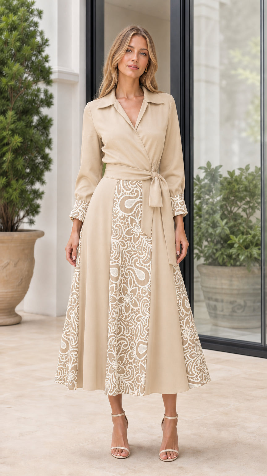 Front view of woman wearing Khaki embroidered midi shirt dress