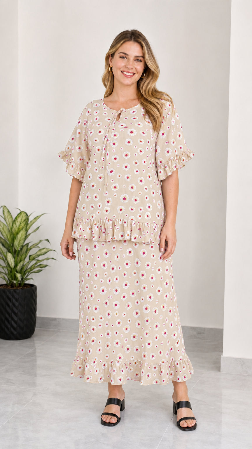 Full front view of women's beige floral print tie-neck top and maxi skirt set