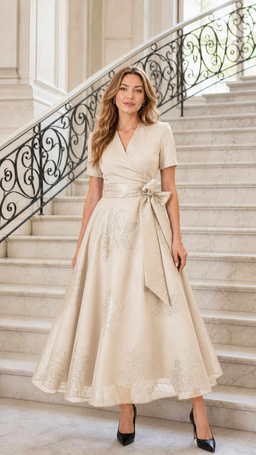 Front view of champagne midi dress variant