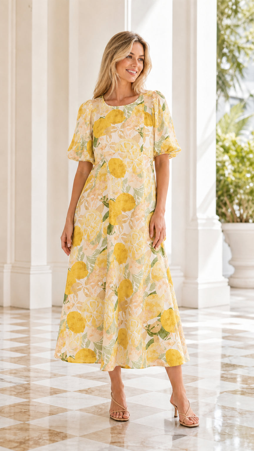 Model wearing cream citrus floral print midi dress