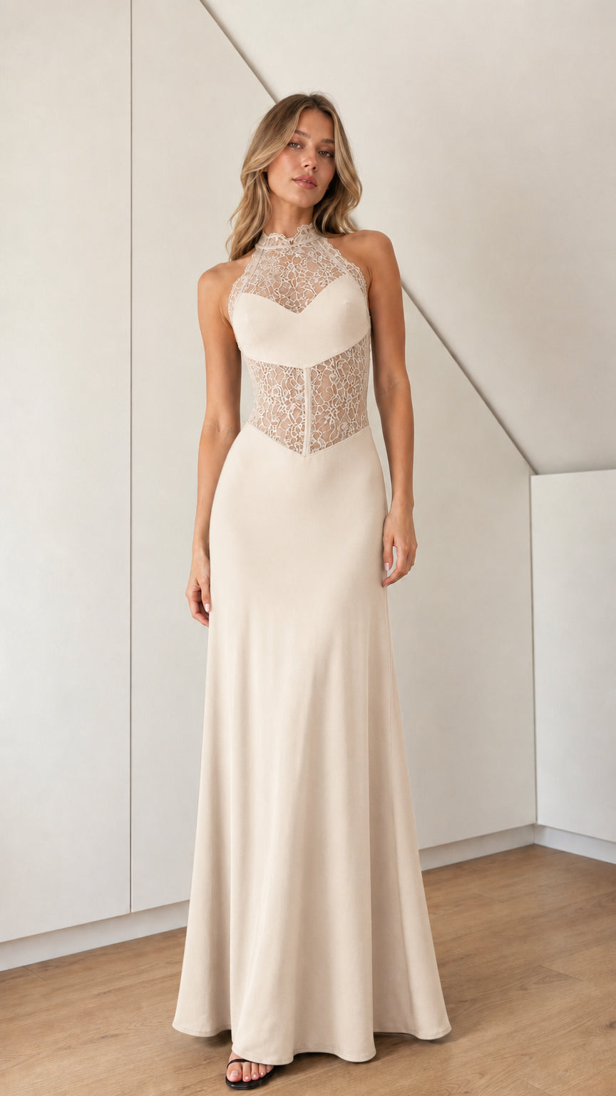 Champagne ivory halter neck lace corset evening gown