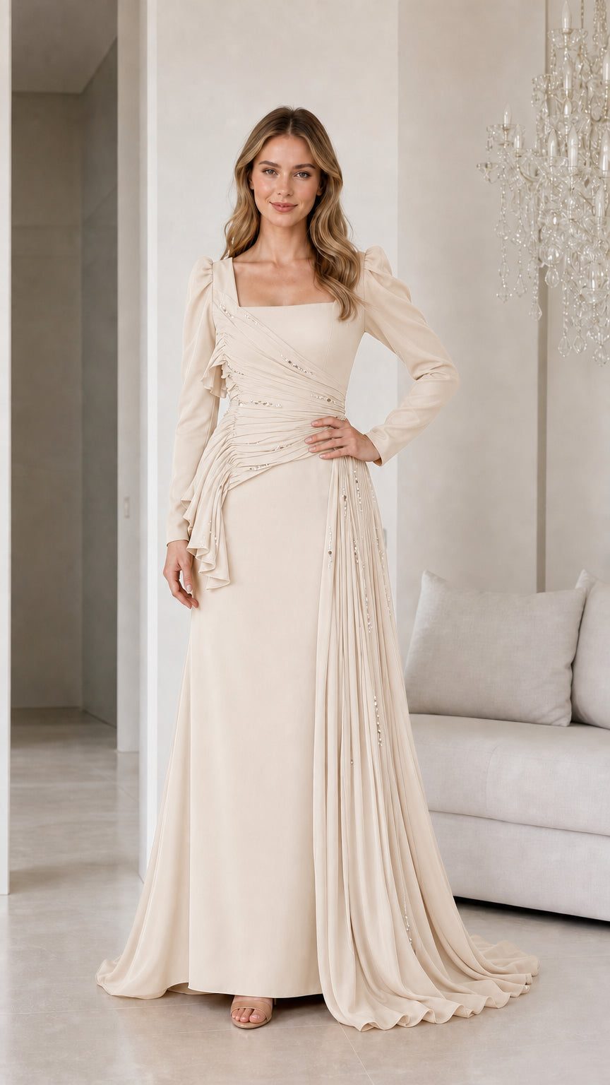 Front view of champagne long sleeve pleated evening gown