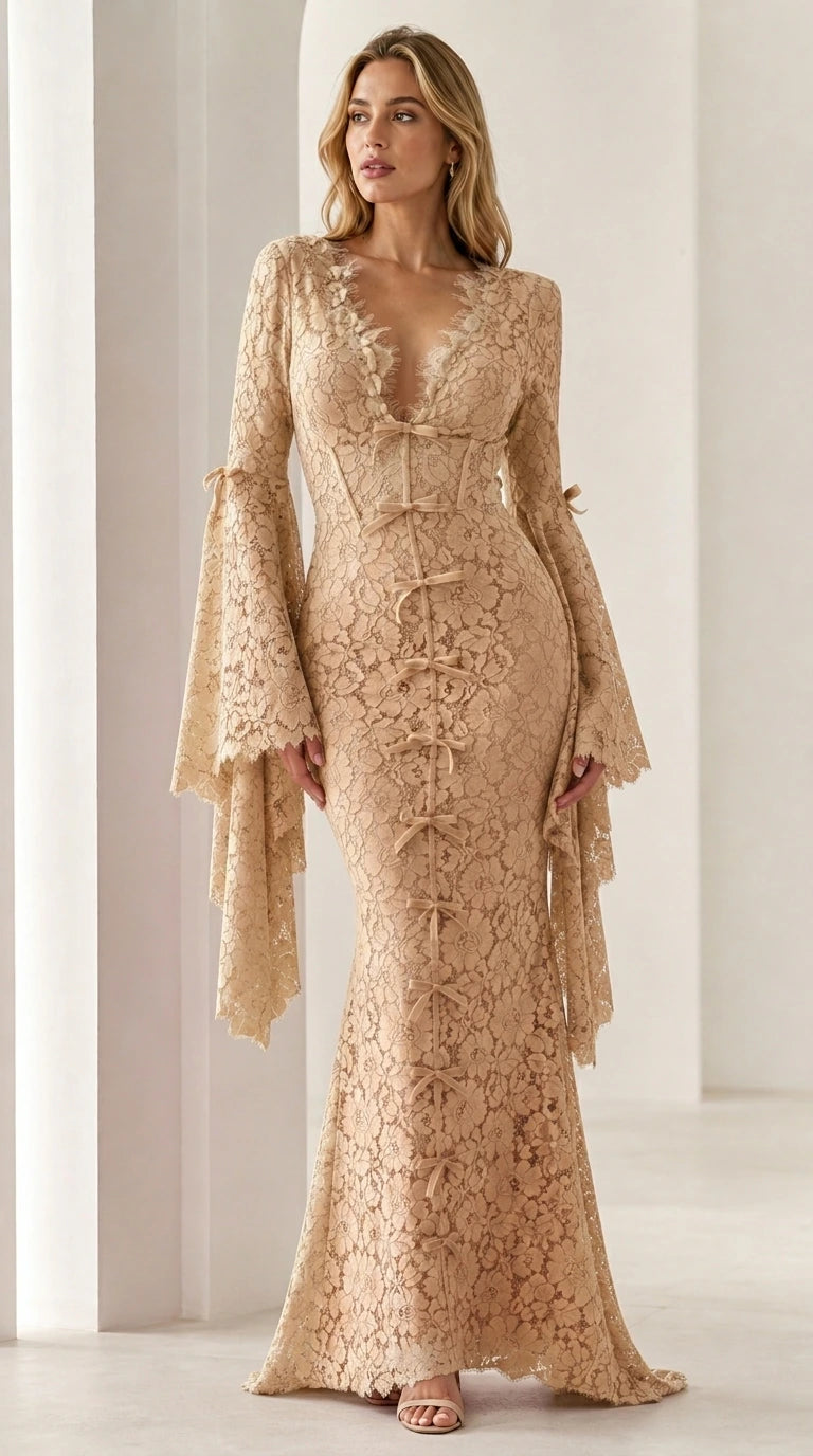 Model wearing champagne lace maxi dress