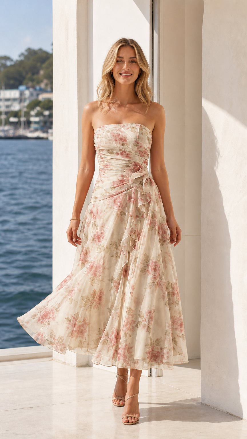 Model wearing cream floral strapless midi dress