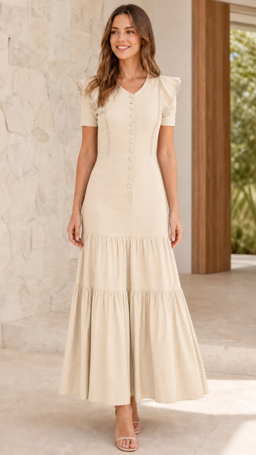 Full length view of model wearing Beige tiered maxi dress
