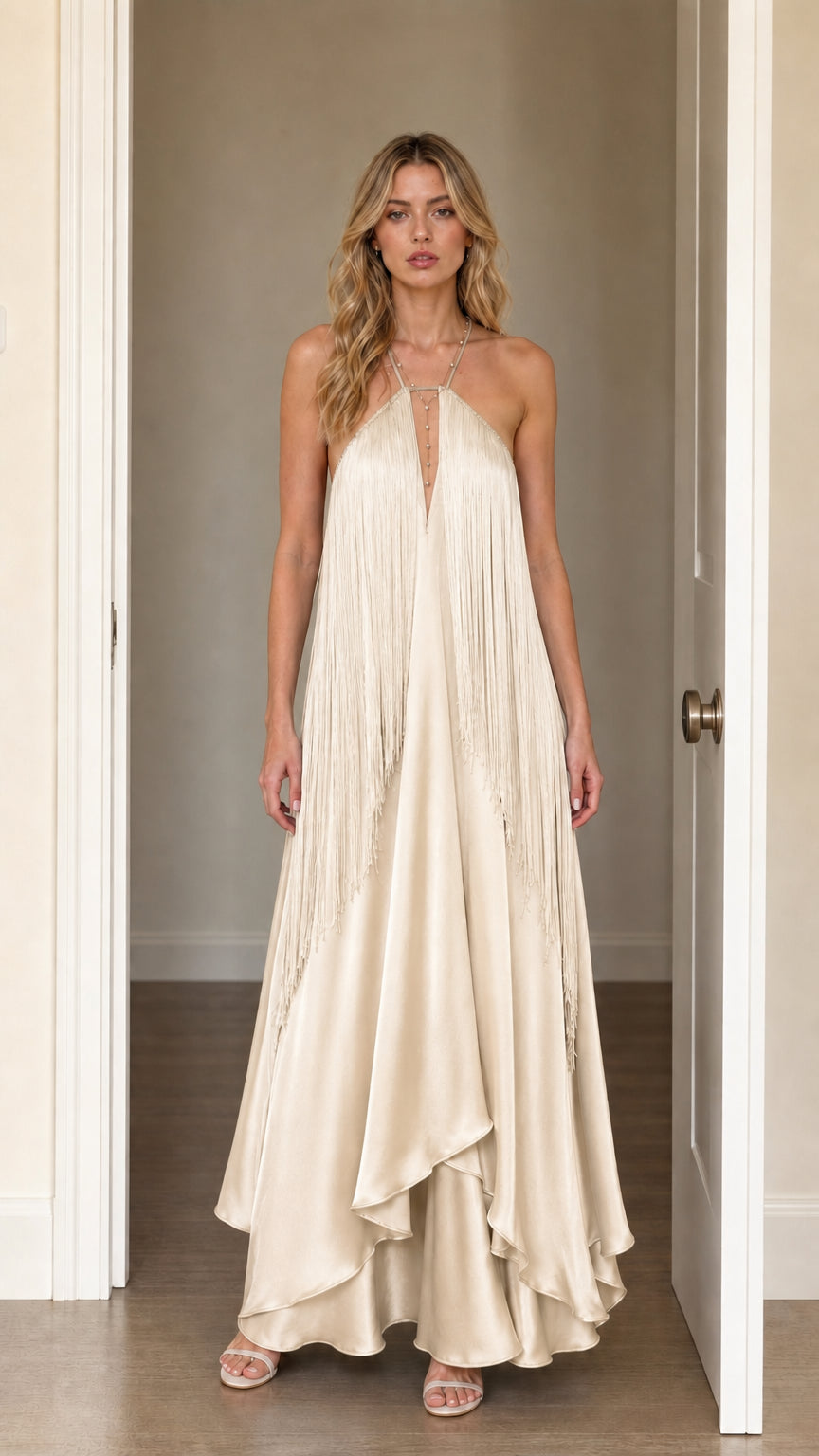 Front view of model wearing Champagne halter fringe maxi dress