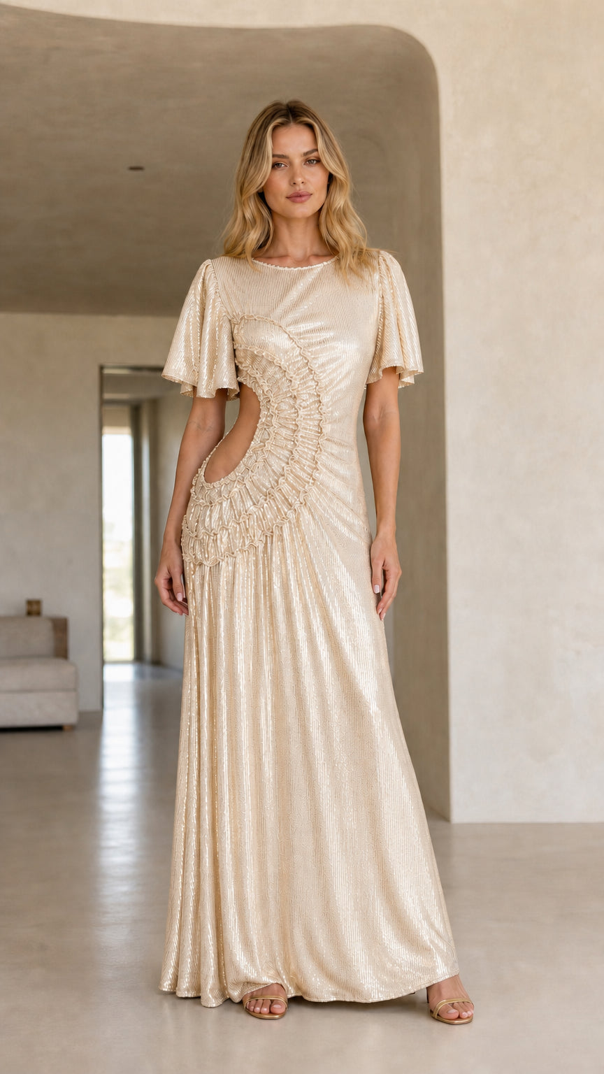 Front view of woman wearing the champagne color variant of the metallic cutout maxi dress