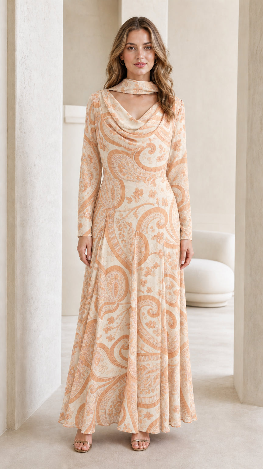 Model wearing champagne and cream paisley long-sleeve maxi dress