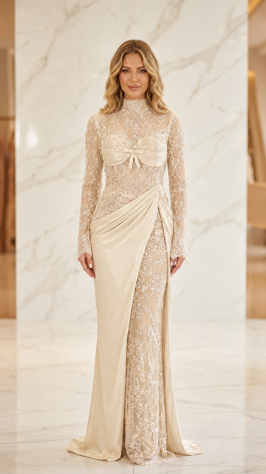 Model wearing champagne lace and satin evening gown