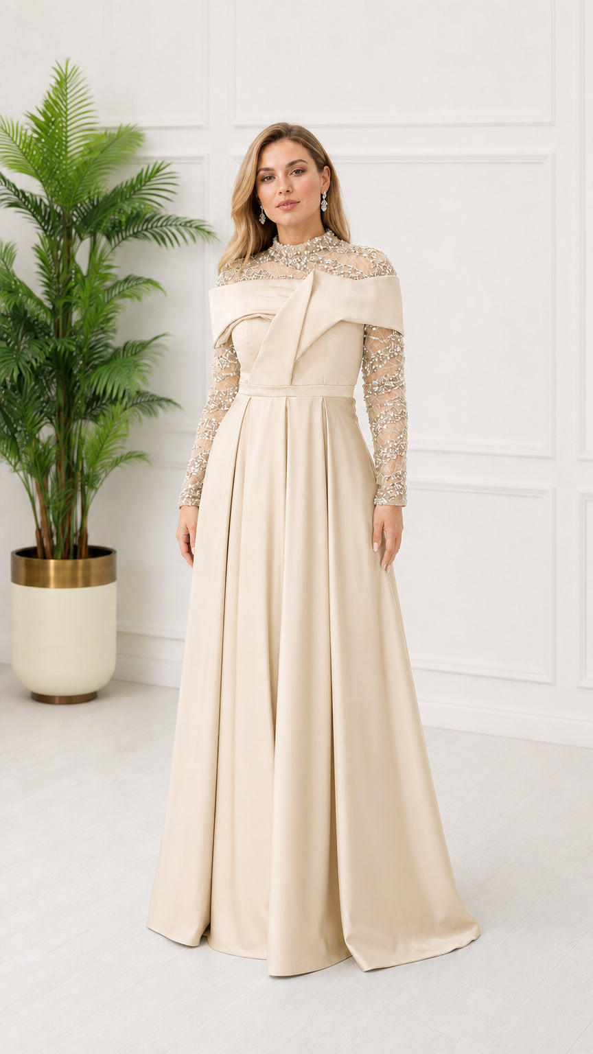 Front view of champagne long sleeve evening dress