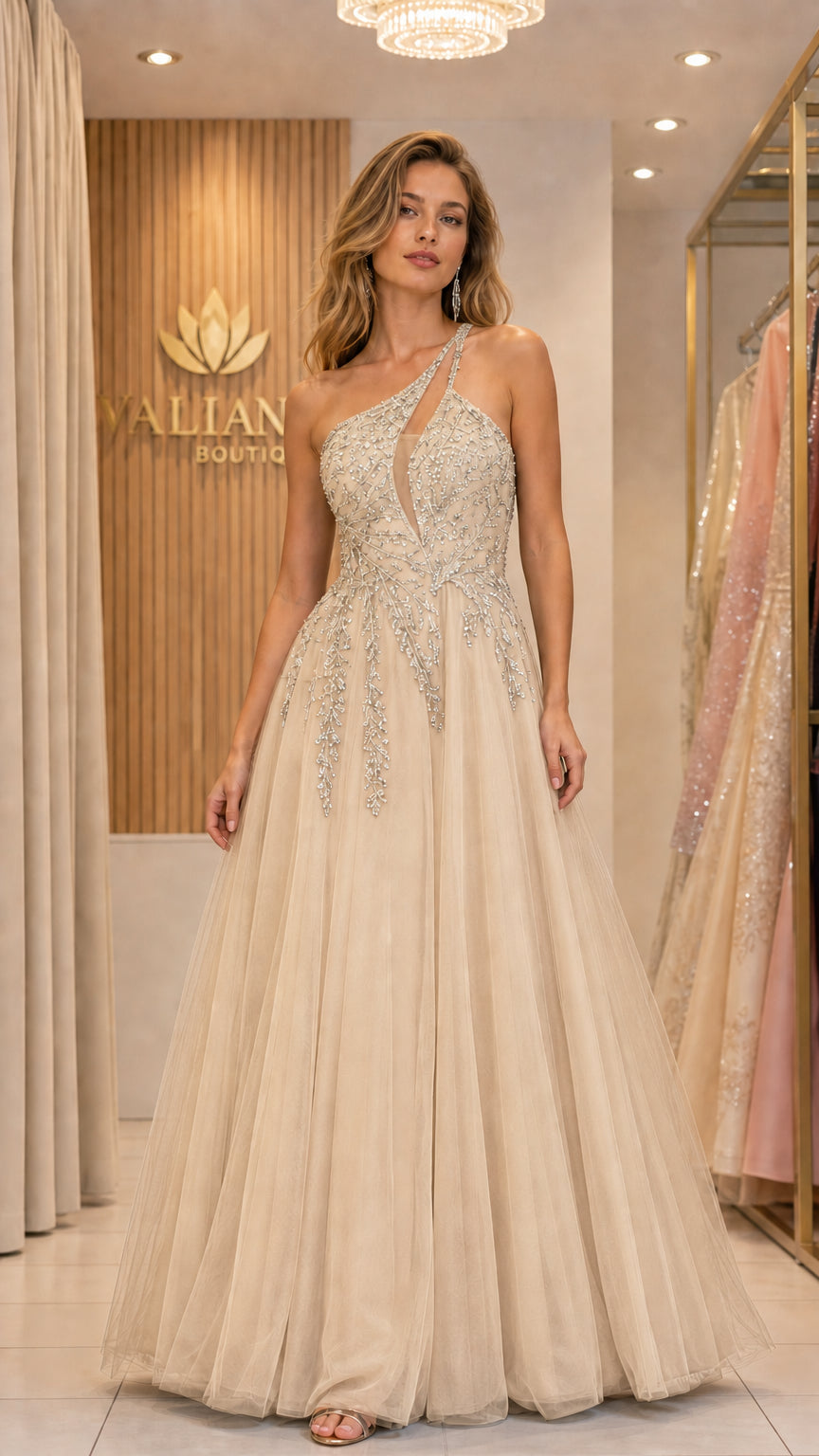 Front view of woman wearing champagne one-shoulder beaded tulle evening gown